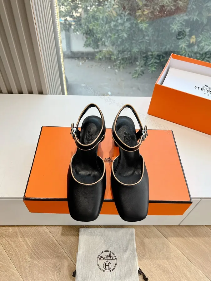 View 1 of Hermes Women Black Leather Trimmed Heels