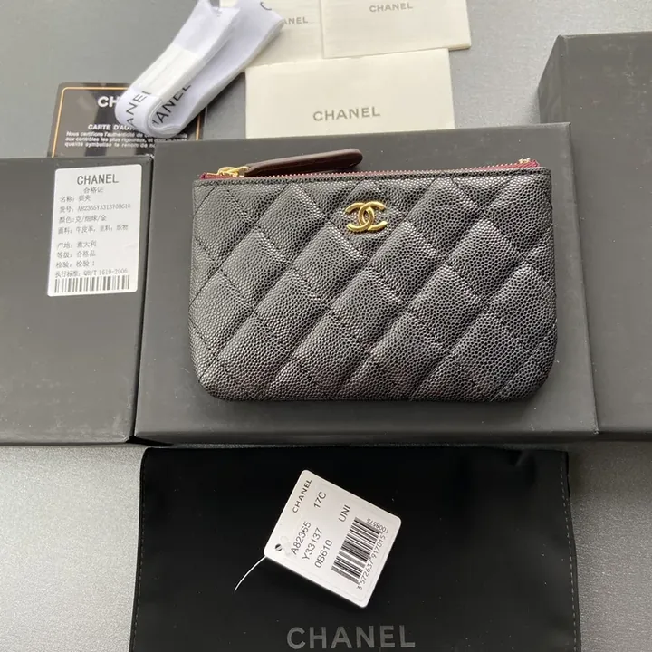 View 1 of Quilted Black Leather Walletâ€”Gold CC Charm Compact Wallet