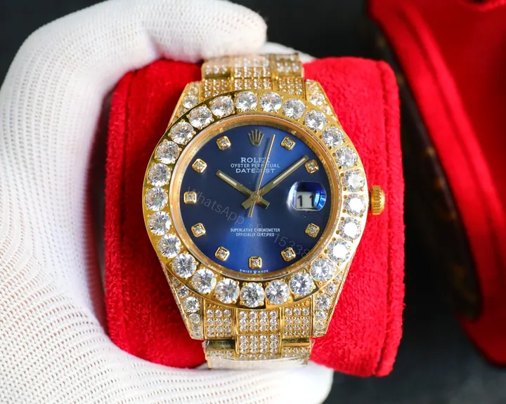 View 1 of Rolex Day-Date Gold Blue Iced Replica 42MM Premium Full Gold Bracelet Blue Dial Edition ROLEX-DD-GOLD-BLU-ICED-FULL-42