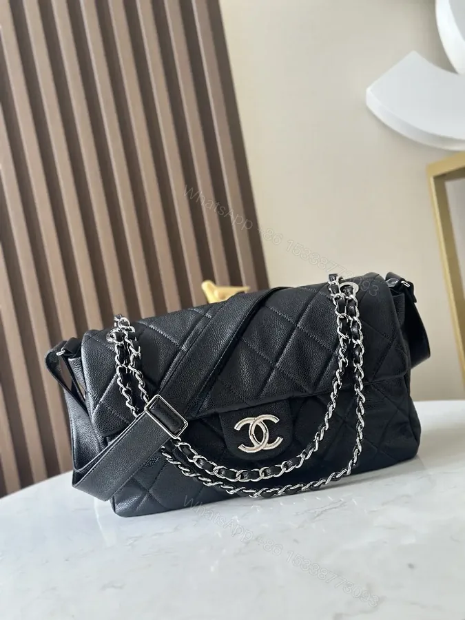 View 1 of Quilted Black Leather Satchel with Silver Chain