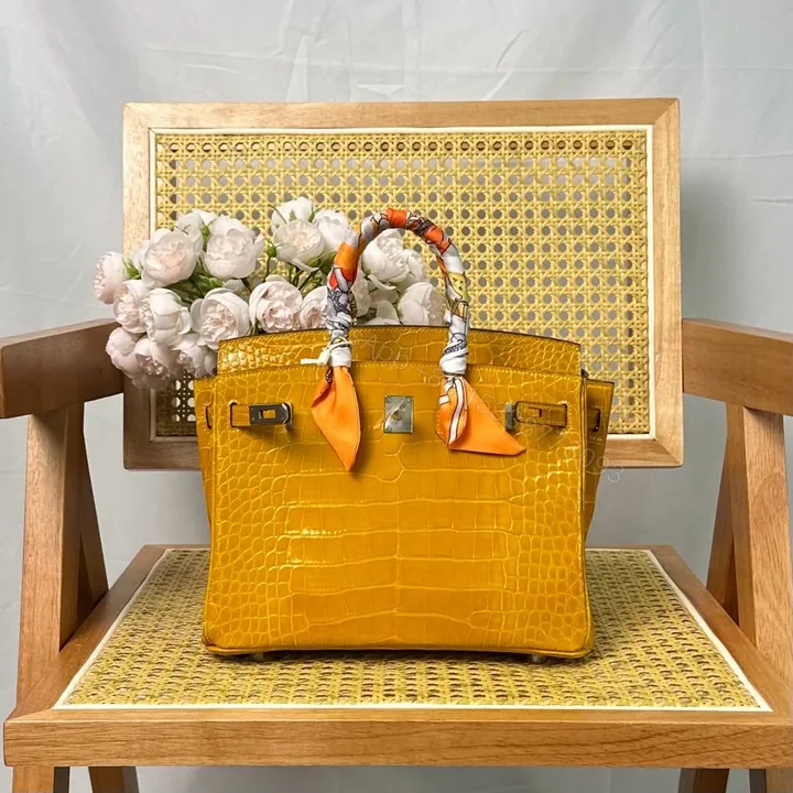 View 1 of Hermes Birkin 25cm Amber Yellow Crocodile Leather Silver Hardware