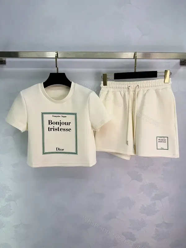 View 1 of Ivory Cotton Casual Set with Drawstring Shorts, Dior Box Logo Tee