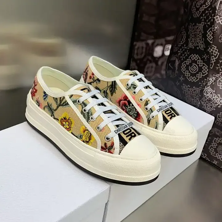 View 1 of WALK’N’DIOR PLATFORM SNEAKERS UNISEX PETITES FLEURS EMBROIDERED WHITE – CD189
