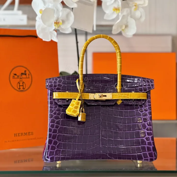 View 1 of HN 30 Purple/Gold Genuine Crocodile Leather Gold Hardware – Custom Made