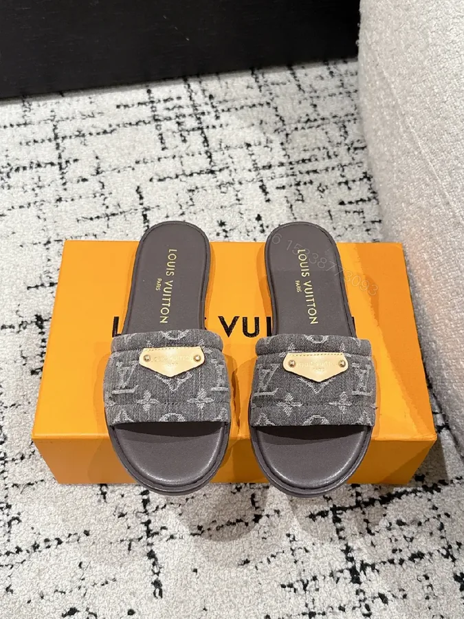 View 1 of Monogram Textile Slides: Gold Accent, Comfort Footbed, Luxury Slide