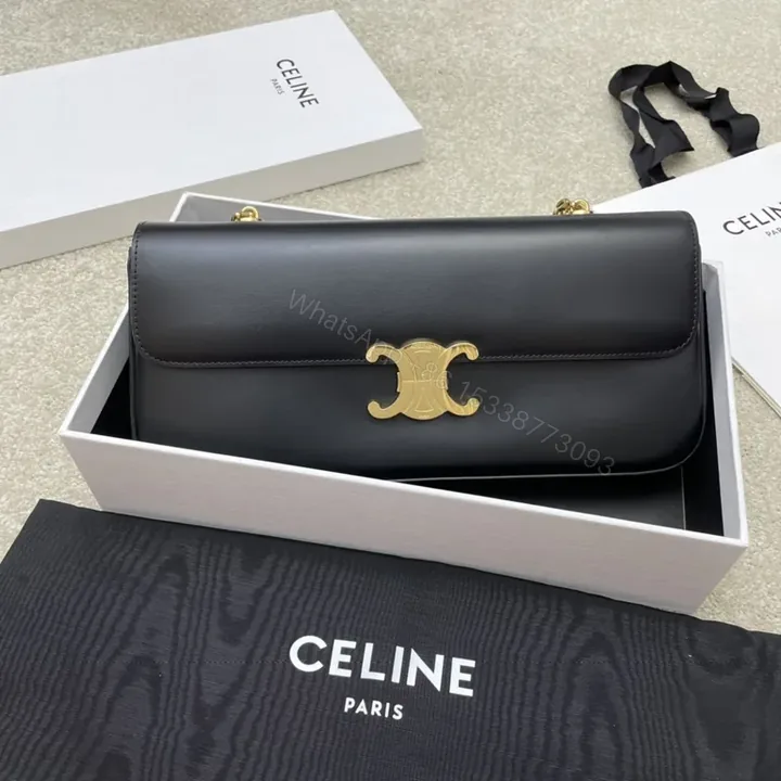 View 1 of Chic Black Leather Shoulder Bag â€“ Gold Logo Clasp, CELINE