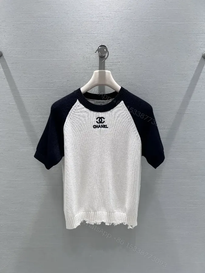 View 1 of Two-Tone Knit Tee with Signature Logo Emblem - Modern Luxury Casual