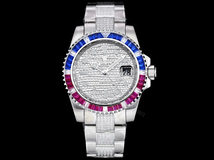 View 1 of Rolex Submariner Rainbow Diamond Replica 42MM Premium Meteorite Dial Pavé Oyster Bracelet RG-ROLEX-SUB-RAINBOW-DIAMOND-42