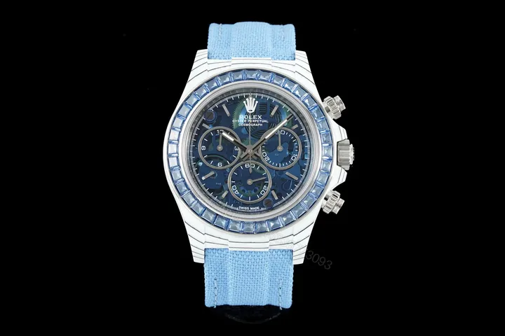 View 1 of Rolex Daytona 40mm Carbon Fiber Blue Skeleton Dial Blue Bezel Strap Watch RLX-DAY-CARBON-40-BLU-BEZ