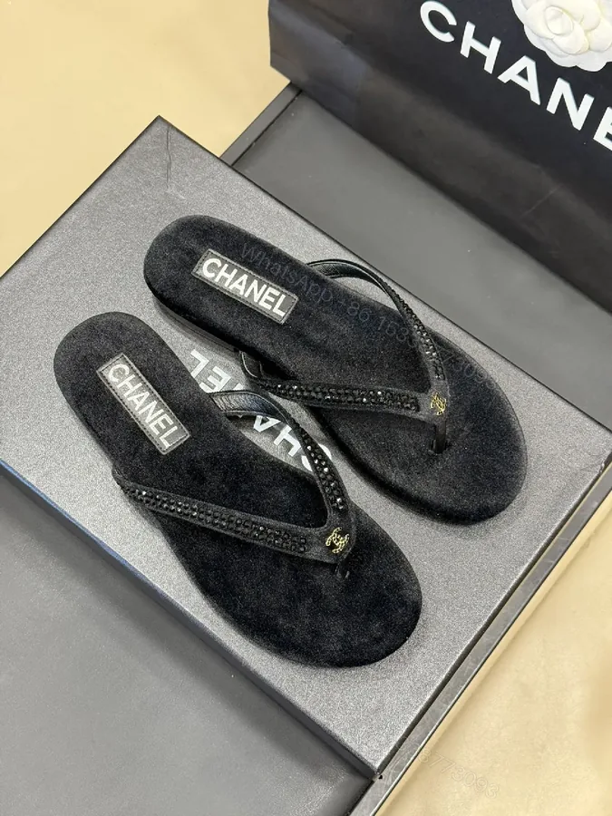 View 1 of Black Suede-Feel Thong Sandals with Crystal Straps - Luxe Casual Footwear
