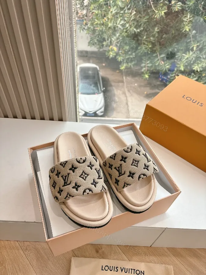 View 1 of Beige Monogram Sandals: Luxury Comfort Slip-Ons