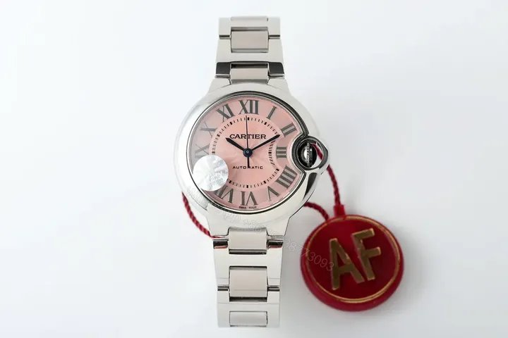 View 1 of KOR Factory Cartier 33mm Blue Balloon Watch – Stainless Steel with Pink Dial and Automatic Movement