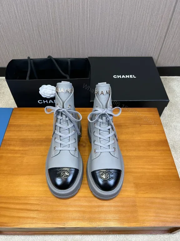 View 1 of Chanel-Inspired Gray Lace-Up Boots with Black Cap Toe