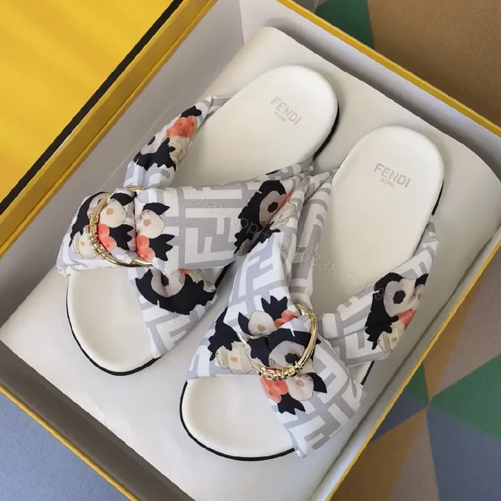 View 1 of Floral-Print Luxury Slides: Gold-Hardware Comfort Pair