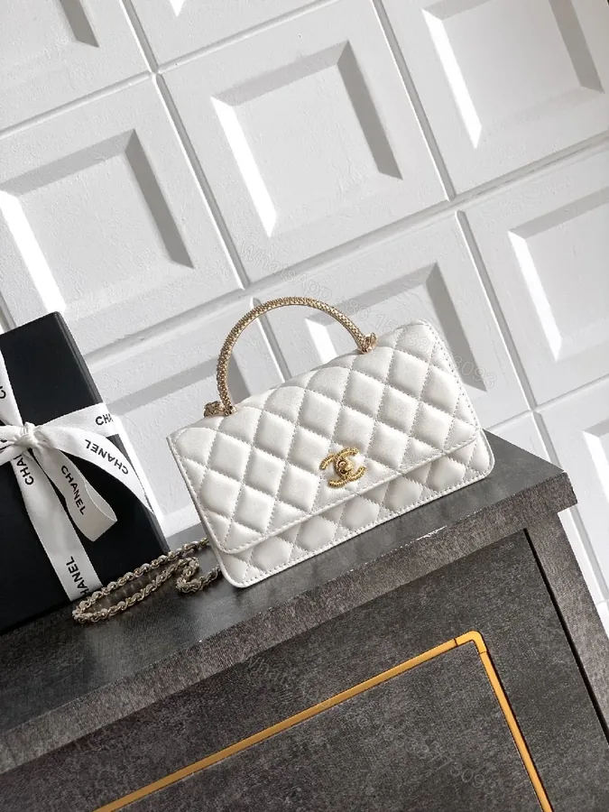 View 1 of Quilted Calfskin Flap Bag with Gold Chain Handle