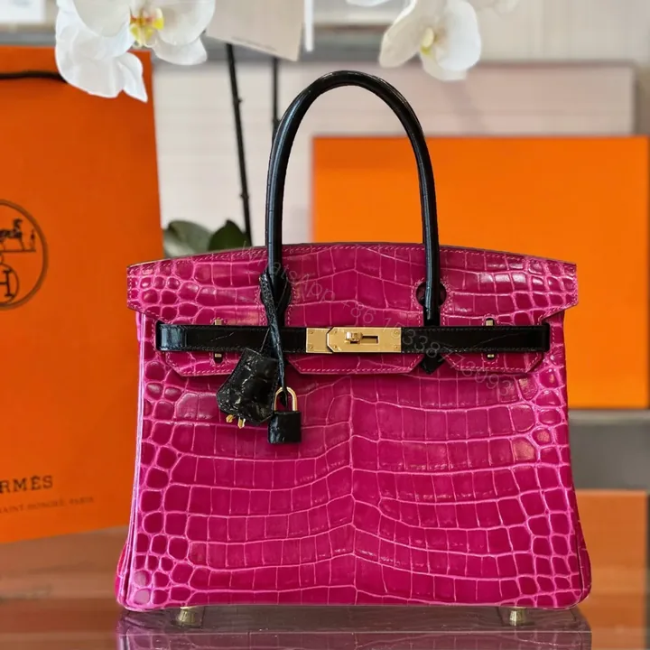 View 1 of HN Pink/Black Genuine Crocodile Leather Gold Hardware – Custom Made