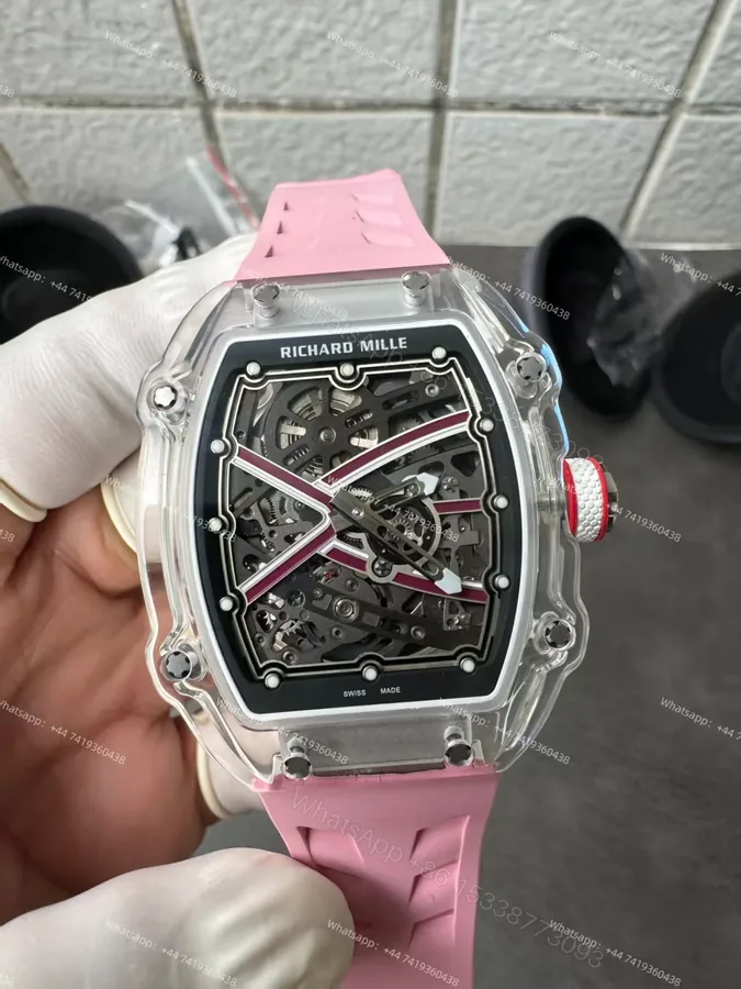 View 1 of Super Clone Richard Mille RM67-02 Sapphire Crystal Skeleton Tourbillon 1:1 Replica Watch with Pink Rubber Strap