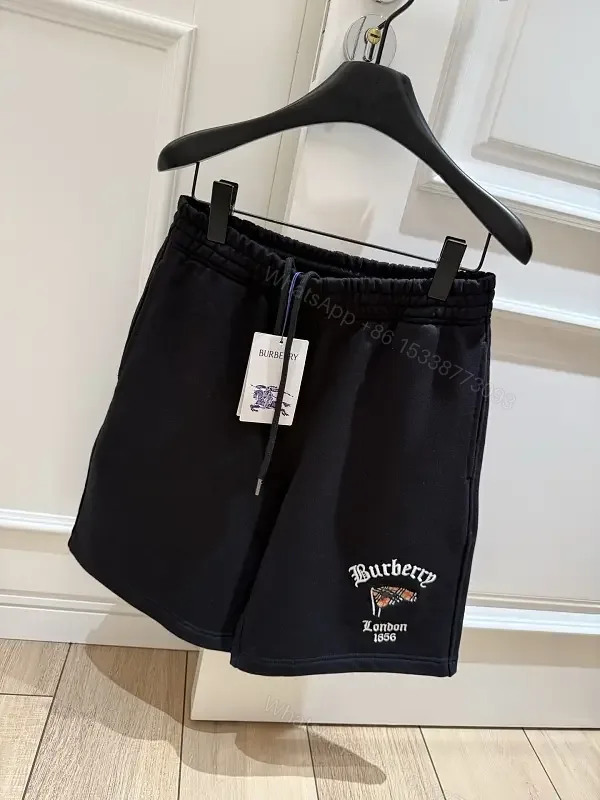 View 1 of Black Nylon Sweatshorts Drawstring Burberry Style Logo Embroidery Shorts