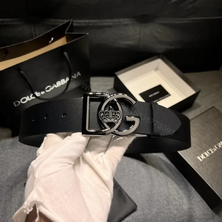 View 1 of Sleek Black Leather Belt with Crystal Crown Buckle - DG Signature