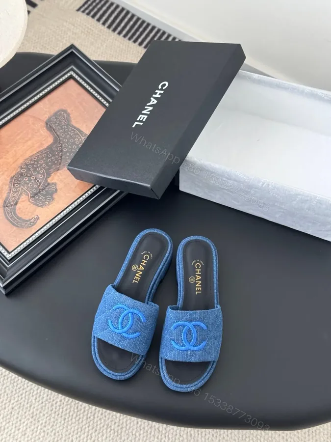 View 1 of Chanel Women Blue Denim Slides