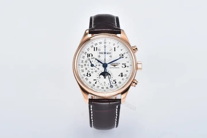 View 1 of Longines Master Collection Moonphase Chronograph Watch Rose Gold with White Dial and Brown Leather Strap