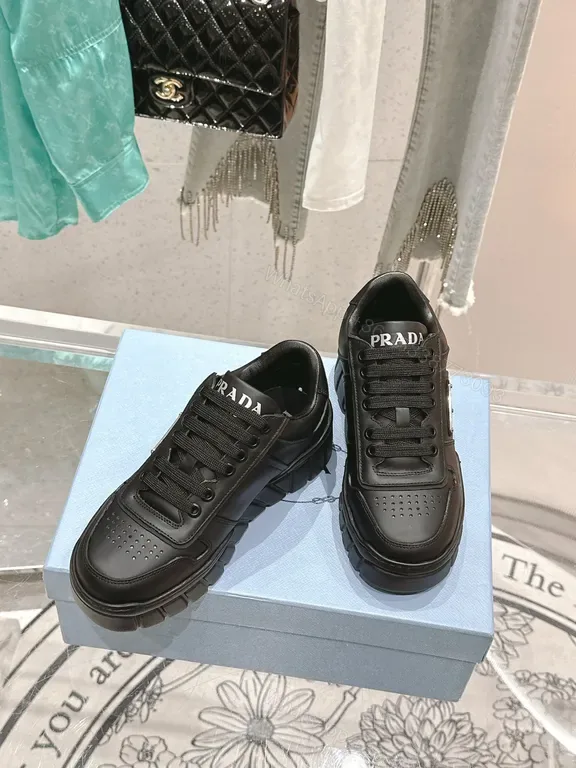 View 1 of Black Leather Lace-Up Sneakers with Prada-Inspired Logo