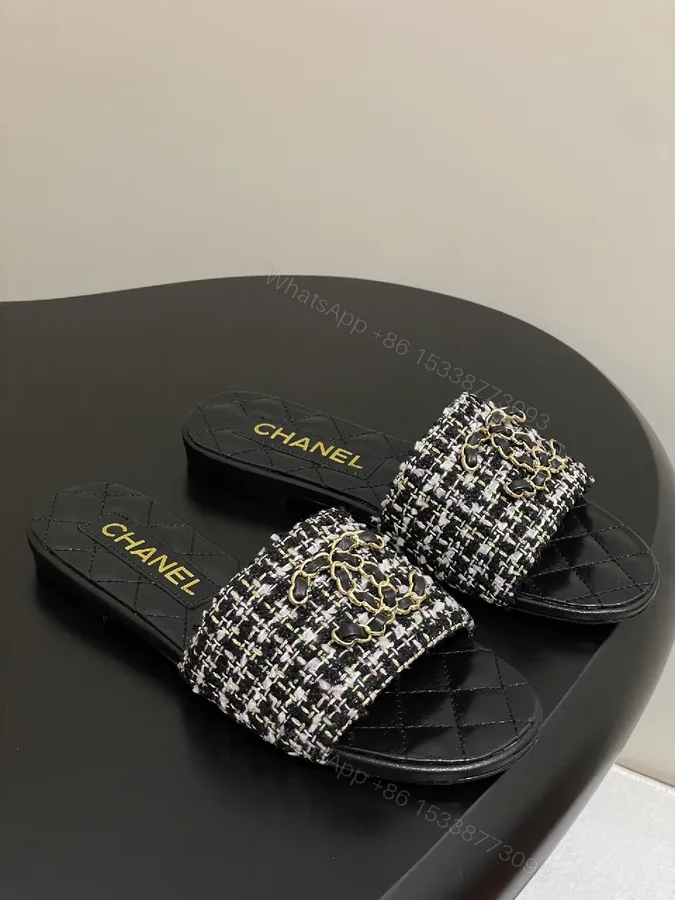 View 1 of Tweed Slide Sandals with Gold Chain Detail, Lux Comfort