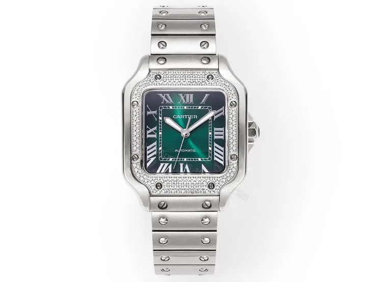 View 1 of Cartier super clone Santos Green Dial Diamond Steel Bracelet Premium 40MM RG-CARTIER-SANTOS-GRN-DIA-STL-40
