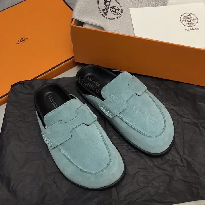View 1 of Powder Blue Suede Driving Slippers â€“ Luxury Hermes-Inspired Style