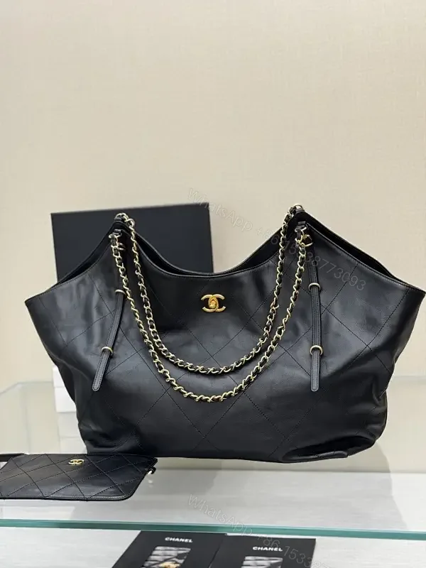 View 1 of Quilted Tote Black Leather-Style, Dual Chain, Luxury Tote