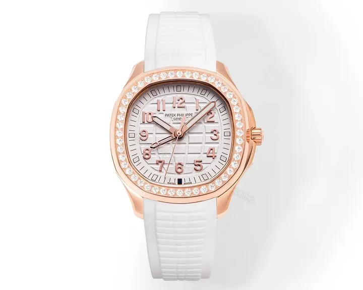 View 1 of Patek Philippe Aquanaut Luce 5268 Series Watch Rose Gold with Diamond Bezel White Rubber Strap Modern Casual Elegant Style