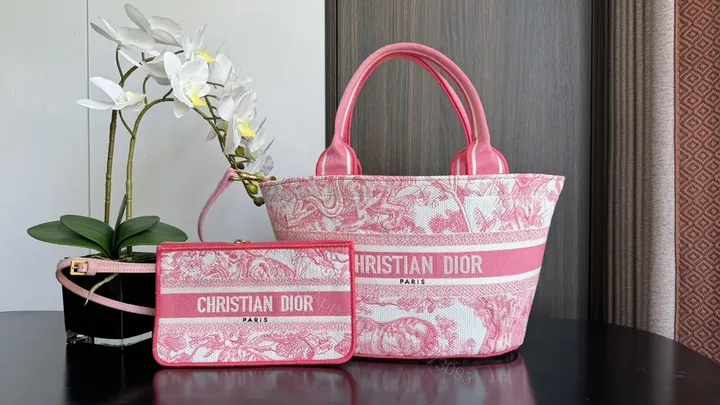 View 1 of Bold Pink Toile Dior Tote & Clutch Set