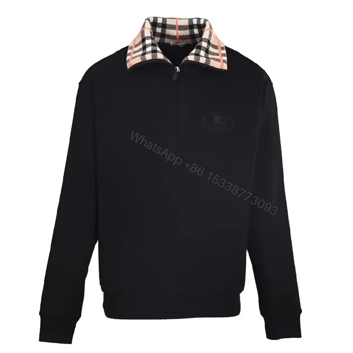 View 1 of Cozy Luxe Half-Zip Sweatshirt with Check Collar, Black, Premium Fleece, Modern