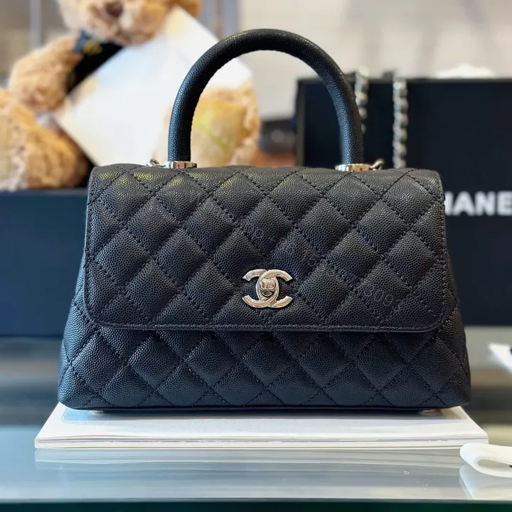 View 1 of Chanel Coco Handbag Leather Black With Silver Lock 23cm