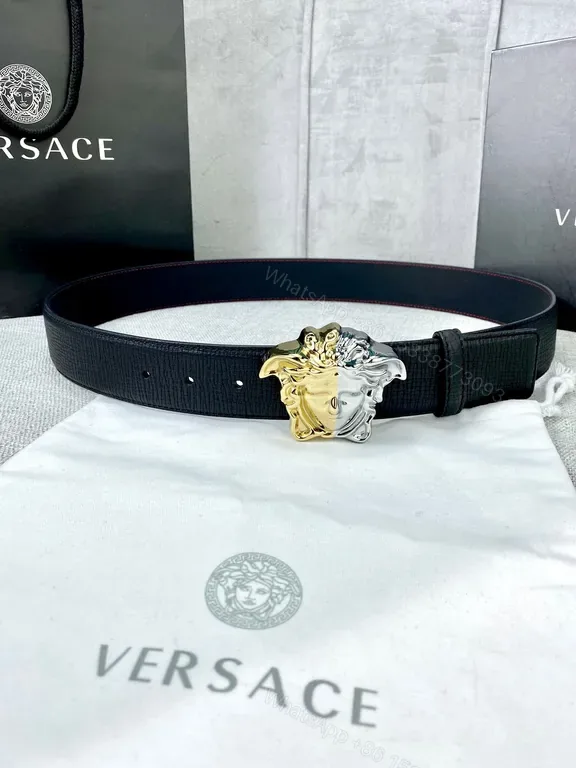 View 1 of Versace Two-Tone Medusa Belt: Black Full-Grain Leather Luxury