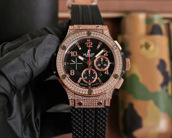 View 1 of Super Clone Hublot Big Bang Black Dial Diamond Rubber Strap Premium 44MM HUBLOT-BB-BLK-DIA44