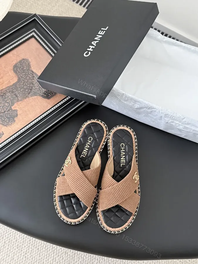 View 1 of Leather-Wrapped Espadrille Slides with Knit Strap, Quilted Footbed