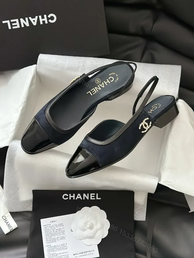 View 1 of Lux Satin Sling-Back Sandals: Navy with Logo Accent