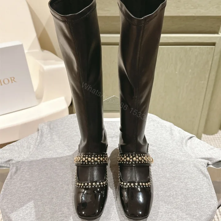 View 1 of 高仿Dior*Belle-D系列KDT064柳釘拉鏈高筒靴4CM黑色免檢版