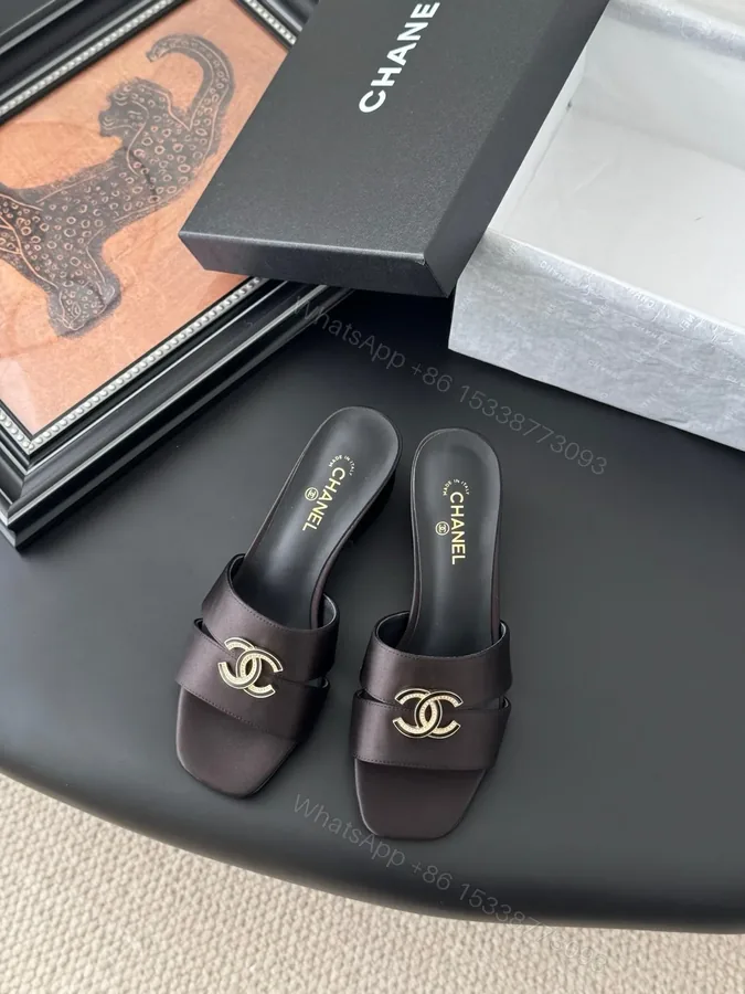 View 1 of Chanel Women Dark Brown Satin Mules