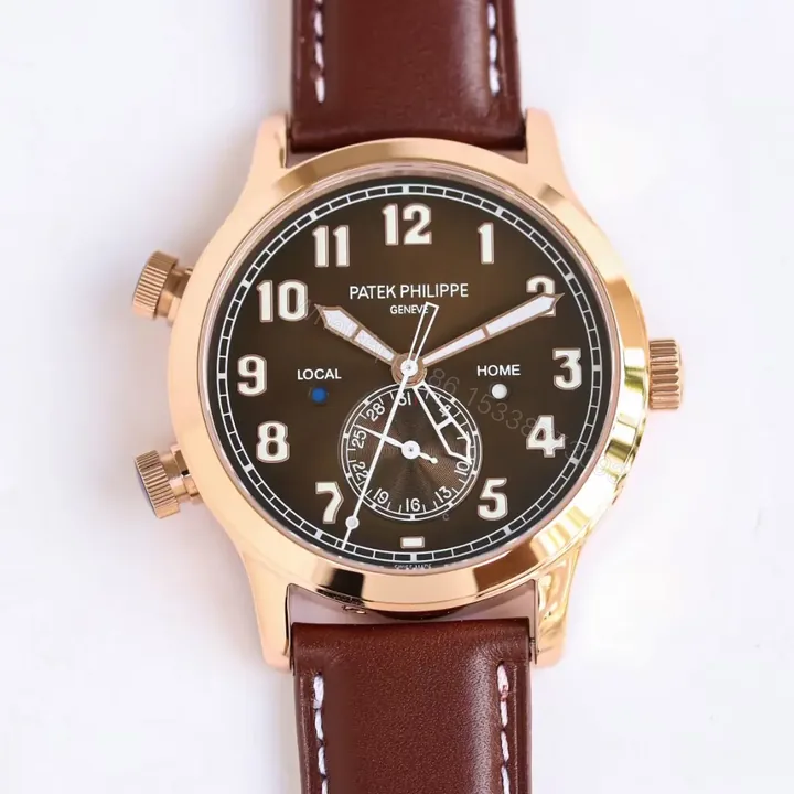 View 1 of Patek Philippe Calatrava Pilot Travel Time Watch Rose Gold with Brown Leather Strap Dual Time Zone Function Ref. 5524