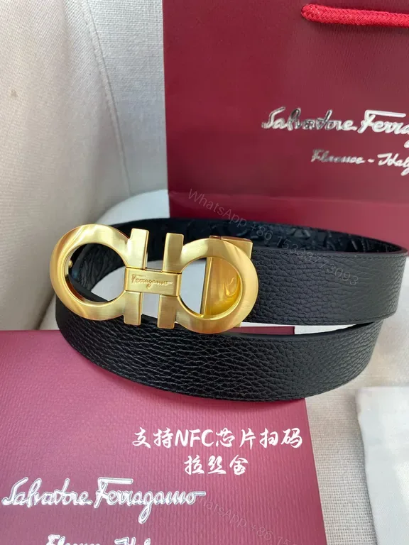 View 1 of Gancini Gold Buckle Belt â€“ Black Calfskin, 3cm, Ferragamo