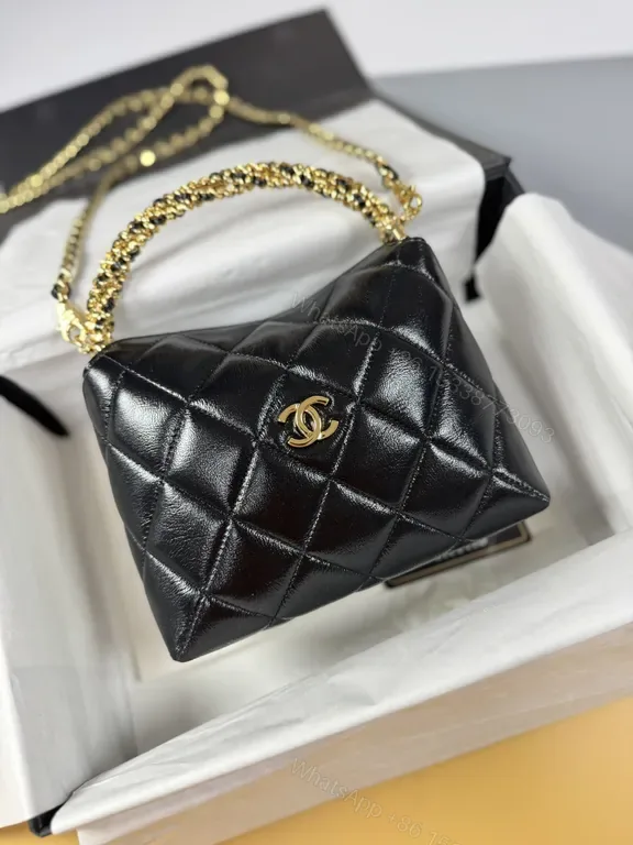 View 1 of Quilted Black Leather Crossbody Bag with Gold Chain