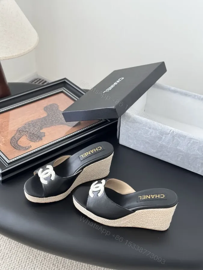 View 1 of Black Leather Espadrille Wedges, Signature Logo, Cushioned Comfort