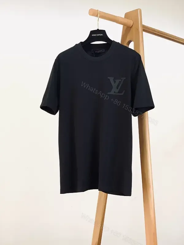 View 1 of Black Solid Cotton Tee, Relaxed Fit, LV Logo Chest Crewneck Shirt