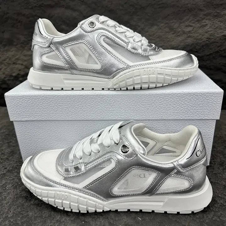 View 1 of Silver Metallic Leather Trainers with Mesh Panels, Chunky Sole, Dior-Style Motif Sneaker