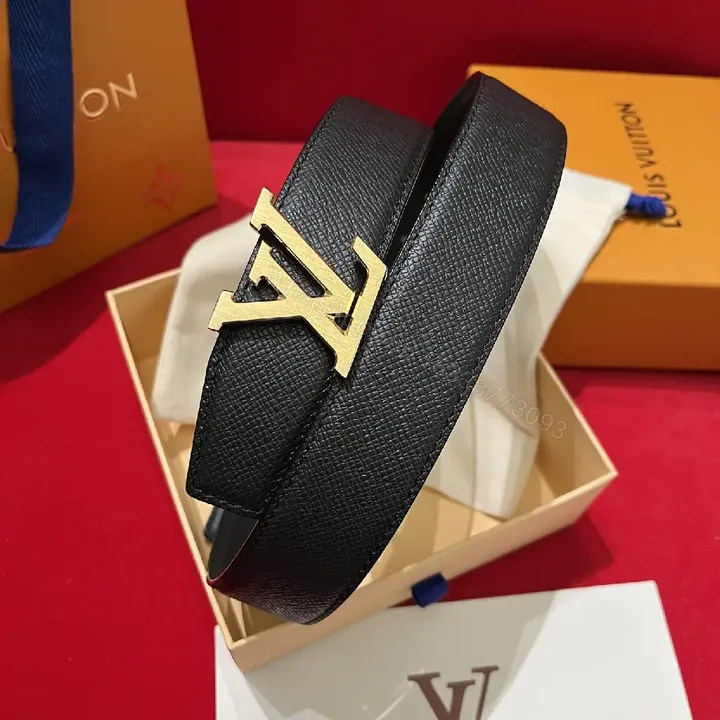 View 1 of Black Leather Belt Gold Logo Accent Luxury Belt for Everyday Wear