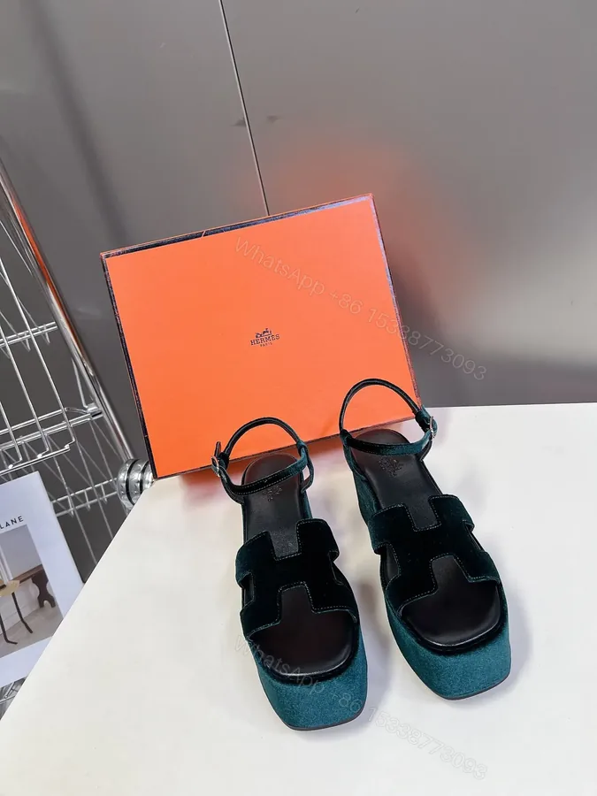 View 1 of Hermes Women Dark Green Velvet Sandals