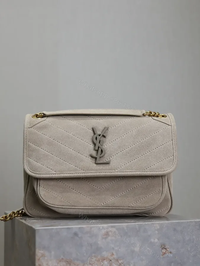View 1 of Taupe Quilted Crossbody Bag - Suede-Feel, Chevron + Icon Hardware