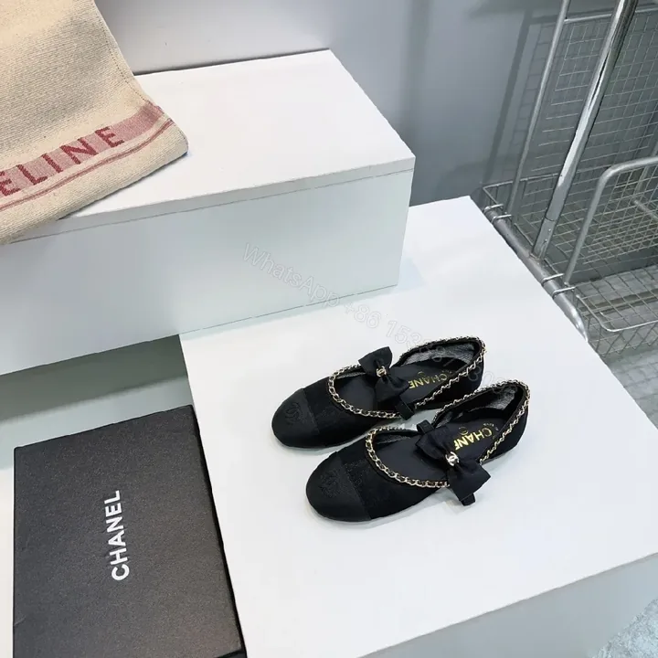View 1 of Black Satin Bow Flat with Gold Chain Detail, Slip-On Ballet Flat